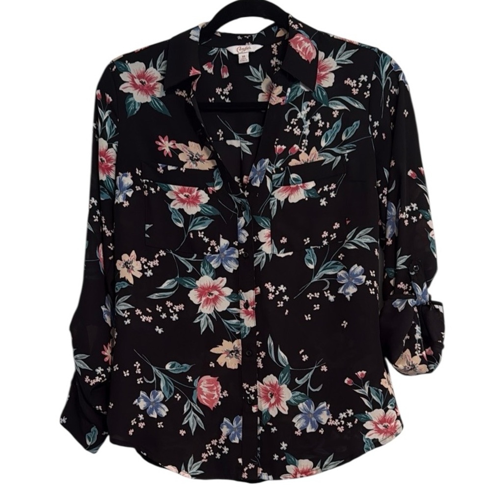 🌻 Candie’s Black Floral Semi-Sheer Button Front Blouse